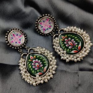 Antique Indian Art Hand-Painted Oxidised Handmade Earrings - Color: "Green'