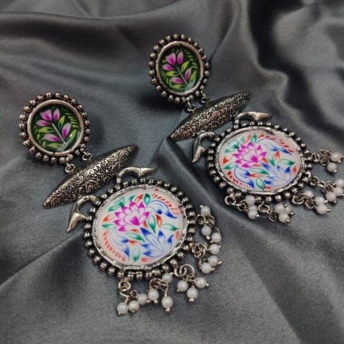 Tanjor Art Hand-Painted Oxidised Handmade Dangler Earrings - Image 22