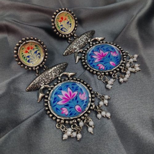 Tanjor Art Hand-Painted Oxidised Handmade Dangler Earrings - Image 21