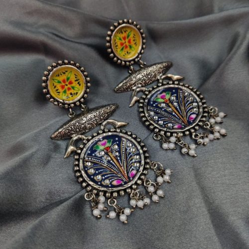 Tanjor Art Hand-Painted Oxidised Handmade Dangler Earrings - Image 19