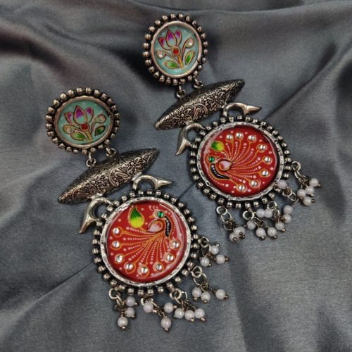 Tanjor Art Hand-Painted Oxidised Handmade Dangler Earrings - Image 18