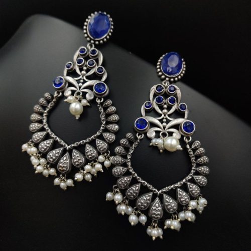 Stone Work Silver Replica Chand Bali Earrings - Image 3