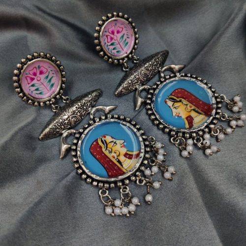 Tanjor Art Hand-Painted Oxidised Handmade Dangler Earrings - Image 17