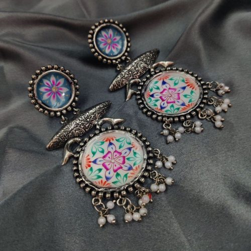 Tanjor Art Hand-Painted Oxidised Handmade Dangler Earrings - Image 16