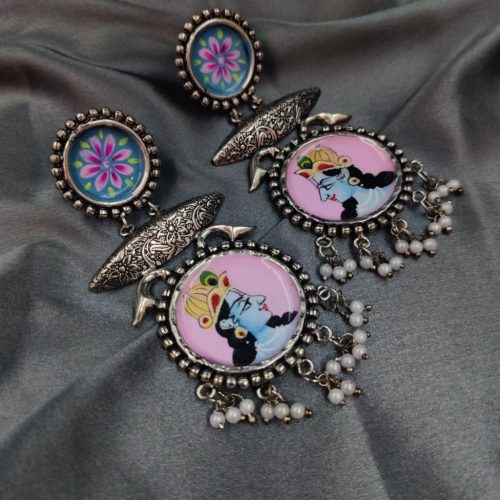 Tanjor Art Hand-Painted Oxidised Handmade Dangler Earrings - Image 15