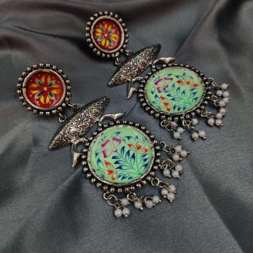 Tanjor Art Hand-Painted Oxidised Handmade Dangler Earrings - Image 14
