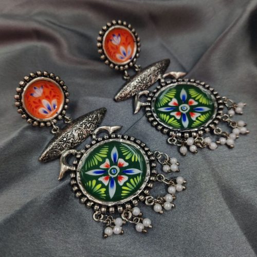 Tanjor Art Hand-Painted Oxidised Handmade Dangler Earrings - Image 12
