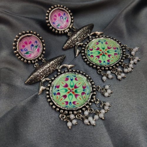 Tanjor Art Hand-Painted Oxidised Handmade Dangler Earrings - Image 11