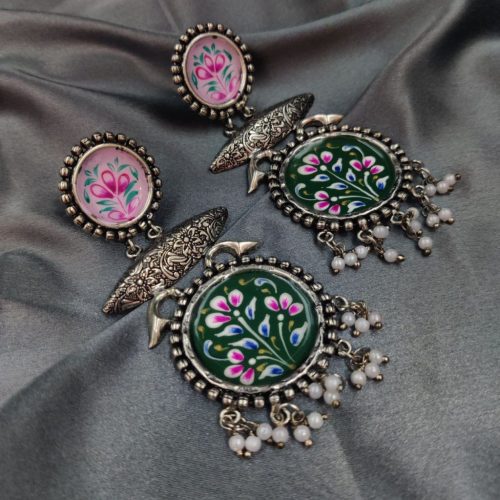 Tanjor Art Hand-Painted Oxidised Handmade Dangler Earrings - Image 10