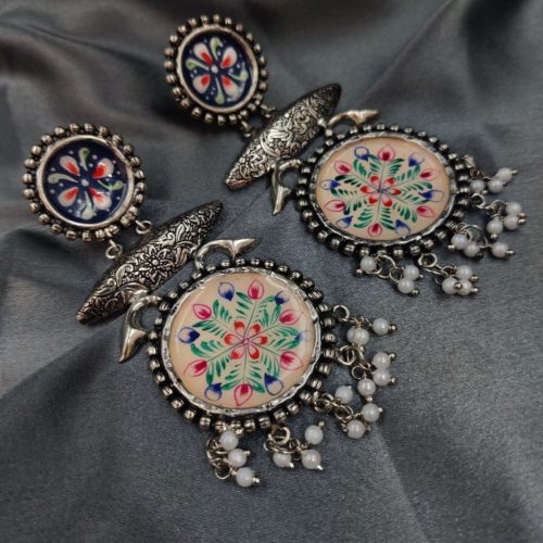 Tanjor Art Hand-Painted Oxidised Handmade Dangler Earrings - Image 9