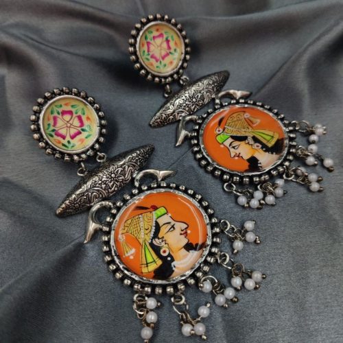Tanjor Art Hand-Painted Oxidised Handmade Dangler Earrings - Image 8