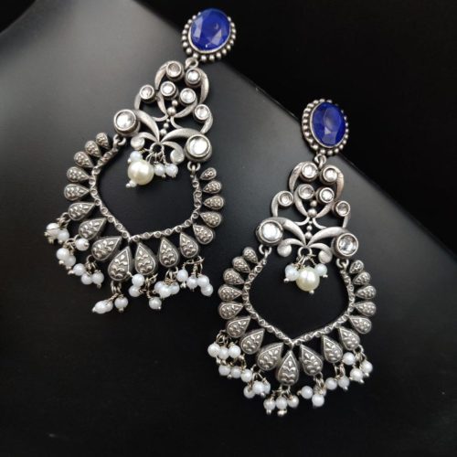 Stone Work Silver Replica Chand Bali Earrings - Image 7
