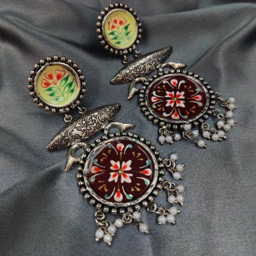 Tanjor Art Hand-Painted Oxidised Handmade Dangler Earrings - Image 7