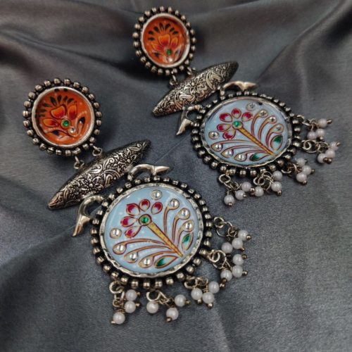 Tanjor Art Hand-Painted Oxidised Handmade Dangler Earrings - Image 5