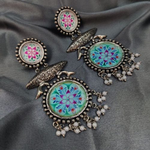 Tanjor Art Hand-Painted Oxidised Handmade Dangler Earrings - Image 4