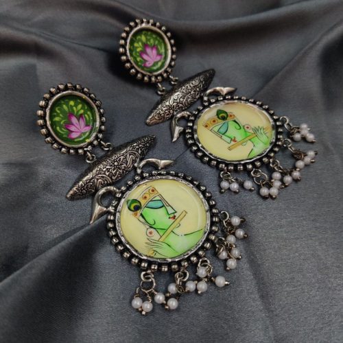 Tanjor Art Hand-Painted Oxidised Handmade Dangler Earrings - Image 2
