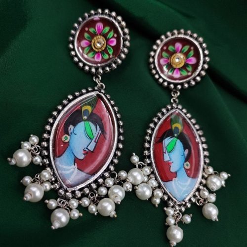 Tanjor Hand-Painted Oxidised Handmade Stud Earrings - Image 4