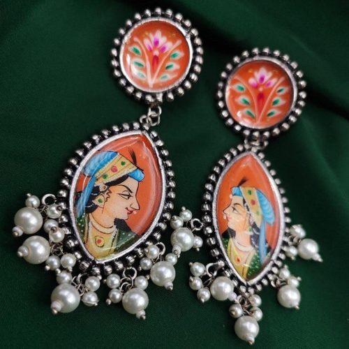Tanjor Hand-Painted Oxidised Handmade Stud Earrings - Image 3