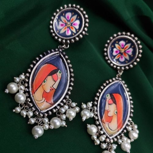 Tanjor Hand-Painted Oxidised Handmade Stud Earrings - Image 2