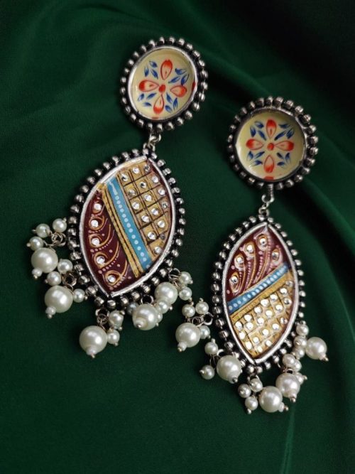 Tanjor Hand-Painted Oxidised Handmade Stud Earrings
