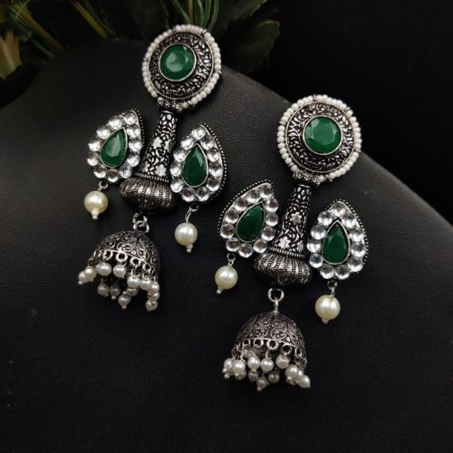 Silver Plated Stone Work Jhumka Earrings - Image 3
