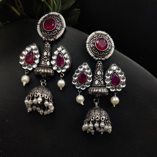 Silver Plated Stone Work Jhumka Earrings - Image 2