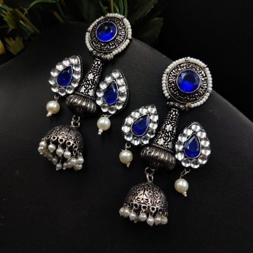 Silver Plated Stone Work Jhumka Earrings