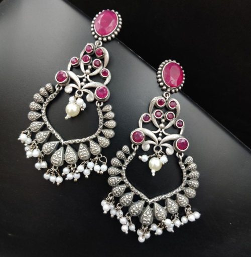 Stone Work Silver Replica Chand Bali Earrings