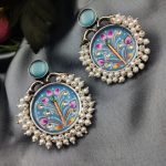 Hand-Painted Oxidised Handmade Monalisa Stone Work Earrings