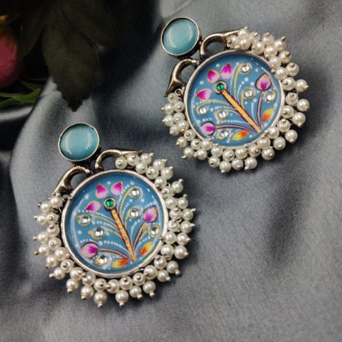 Hand-Painted Oxidised Handmade Monalisa Stone Work Earrings - Image 6
