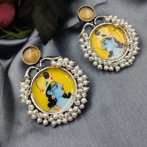 Hand-Painted Oxidised Handmade Monalisa Stone Work Earrings - Image 5
