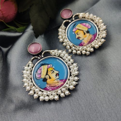 Hand-Painted Oxidised Handmade Monalisa Stone Work Earrings - Image 2