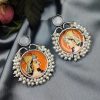 Hand-Painted Oxidised Handmade Monalisa Stone Work Earrings