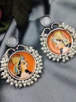 Hand-Painted Oxidised Handmade Monalisa Stone Work Earrings