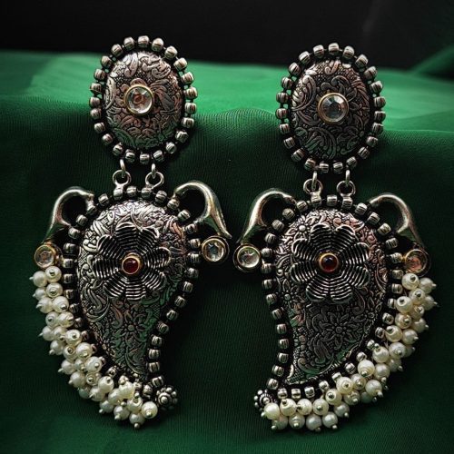 Handmade Premium Quality Oxidised Pearl Beads Earrings - Image 2