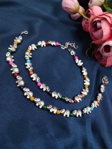 Oxdised Elephant Beads Anklets - Adjustable Size Anklet - Color: "Multi"