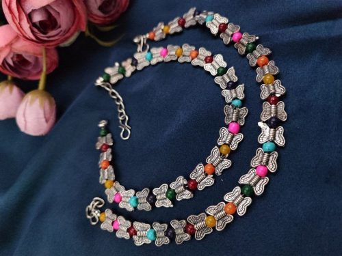 Silver Plated Butterfly Beads Anklets - Adjustable Size Unique Anklet