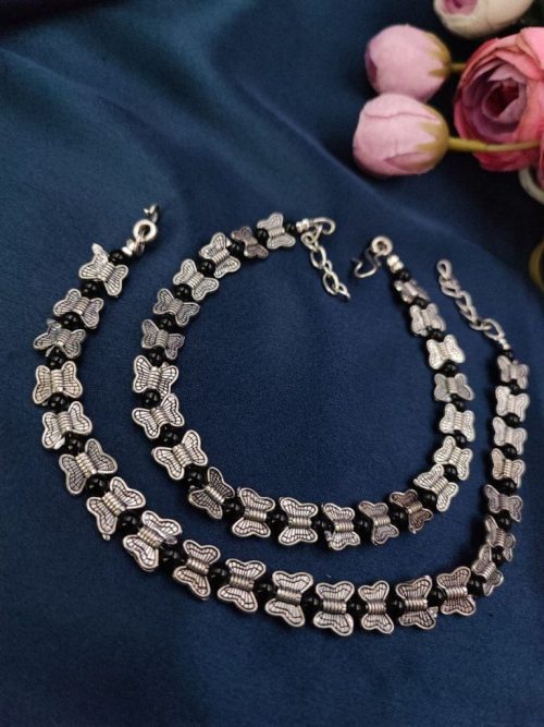 Silver Plated Butterfly Beads Anklets - Adjustable Size Unique Anklet