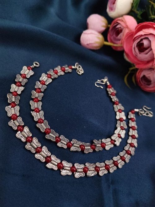 Silver Plated Butterfly Beads Anklets - Adjustable Size Unique Anklet
