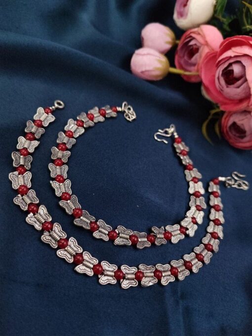 Silver Plated Butterfly Beads Anklets - Adjustable Size Unique Anklet