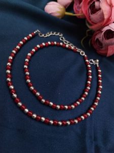 Silver Plated Round Beads Anklets - Adjustable Size Anklet - Color: "Red"