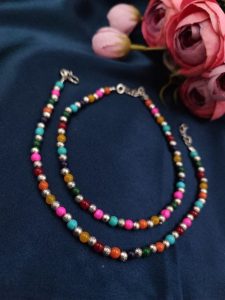 Silver Plated Round Beads Anklets - Adjustable Size Anklet - Color: "Multi"
