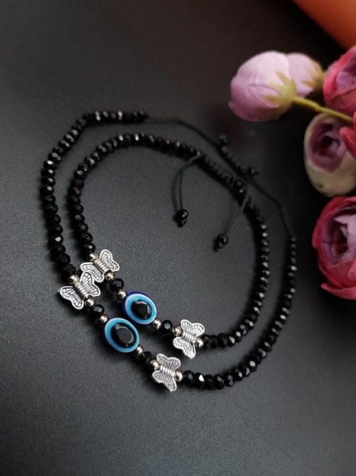 Oxdised Evil Eye Beads Anklets - Adjustable Size Anklet