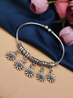 Oxidised Flower Shape Charms Design Free Size Bracelet