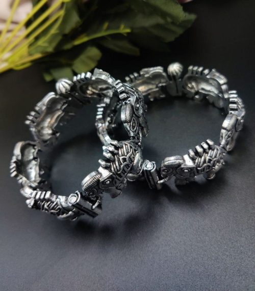 Oxidised Elephant Design Free Size Opeanable Bracelet Per Piece