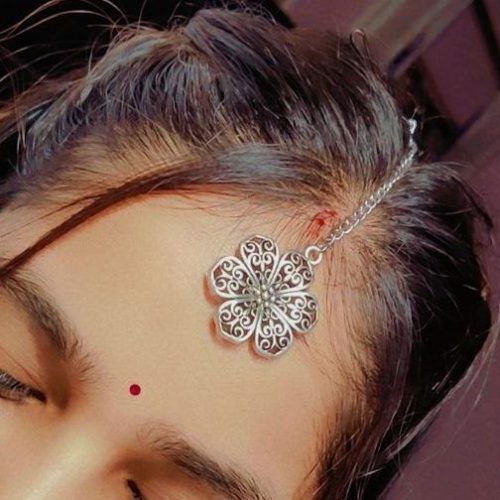 Silver Plated Flower Design Maangtika For Girls