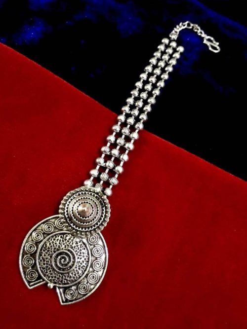 Navratri Special Silver Oxidised Round Cut Maangtika