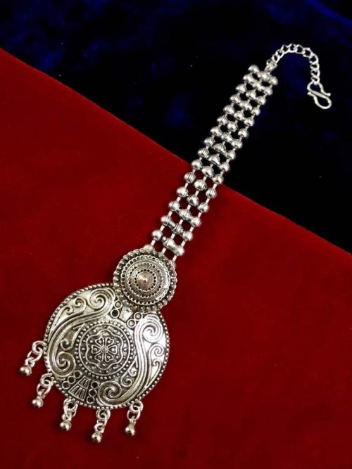 Round Shape German Silver Oxidised Maangtika