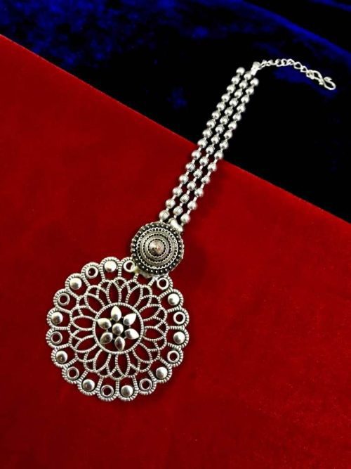 Round German Silver Oxidised Filigree Maangtika