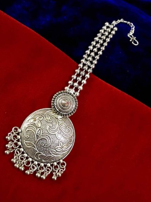 German Silver Oxidised Round Shape Maangtika